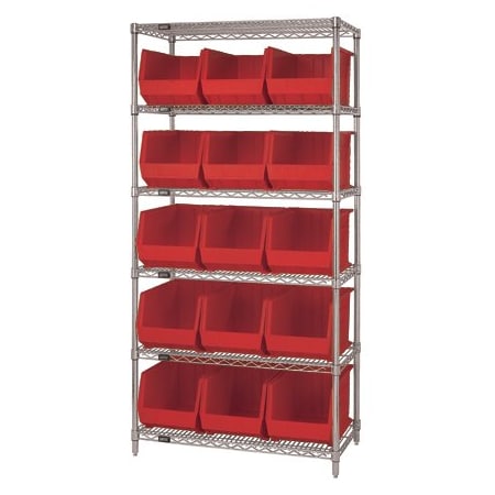 Bsc Preferred 36 x 18 x 74'' - 6 Shelf Wire Shelving Unit with 15 Red Bins WSBQ260R